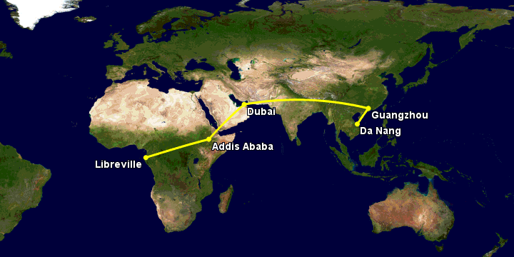 Bay từ Đà Nẵng đến Libreville qua Quảng Châu, Dubai, Addis Ababa