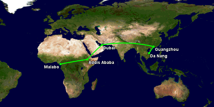 Bay từ Đà Nẵng đến Malabo qua Quảng Châu, Dubai, Addis Ababa