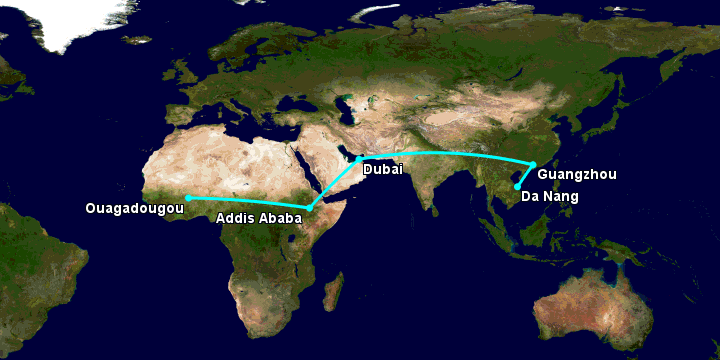 Bay từ Đà Nẵng đến Ouagadougou qua Quảng Châu, Dubai, Addis Ababa
