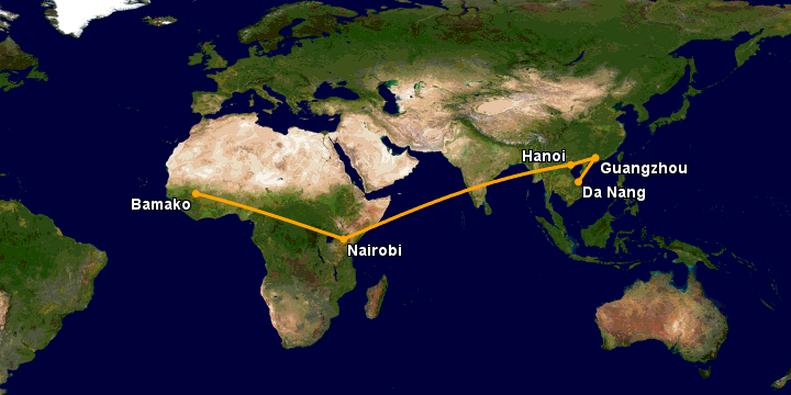 Bay từ Đà Nẵng đến Bamako qua Quảng Châu, Hà Nội, Nairobi