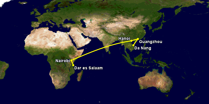 Bay từ Đà Nẵng đến Dar Es Salaam qua Quảng Châu, Hà Nội, Nairobi