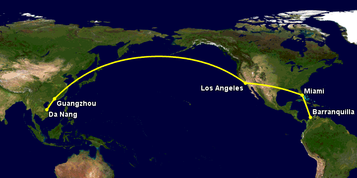 Bay từ Đà Nẵng đến Barranquilla qua Quảng Châu, Los Angeles, Miami
