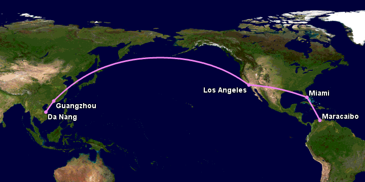 Bay từ Đà Nẵng đến Maracaibo qua Quảng Châu, Los Angeles, Miami
