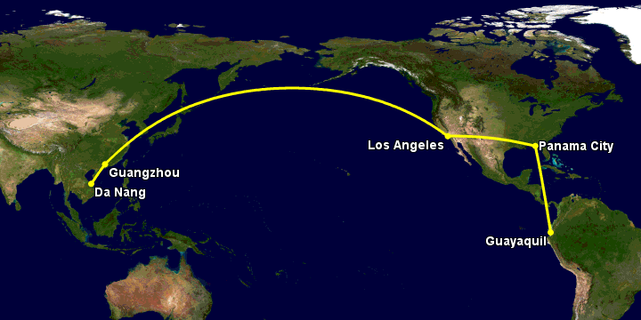 Bay từ Đà Nẵng đến Guayaquil qua Quảng Châu, Los Angeles, Panama City