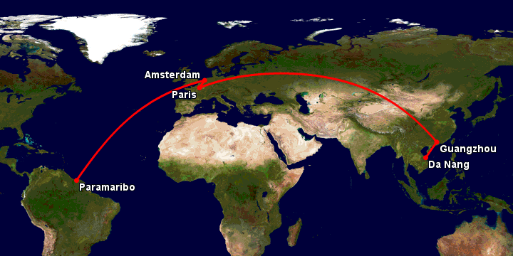 Bay từ Đà Nẵng đến Paramaribo qua Quảng Châu, Paris, Amsterdam