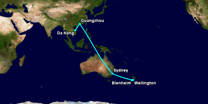 Bay từ Đà Nẵng đến Blenheim qua Quảng Châu, Sydney, Wellington