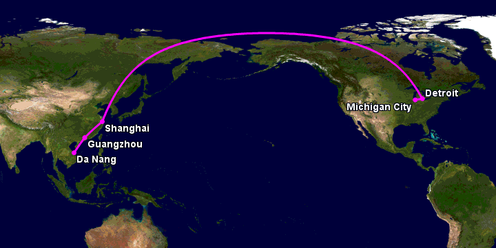 Bay từ Đà Nẵng đến Michigan City qua Quảng Châu, Thượng Hải, Detroit
