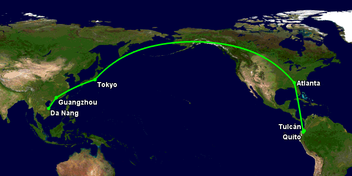 Bay từ Đà Nẵng đến Tulcan qua Quảng Châu, Tokyo, Atlanta, Quito
