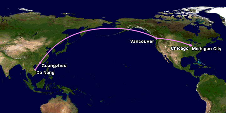 Bay từ Đà Nẵng đến Michigan City qua Quảng Châu, Vancouver, Chicago