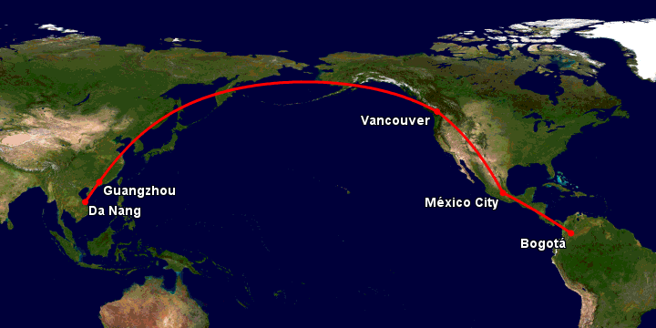 Bay từ Đà Nẵng đến Bogota qua Quảng Châu, Vancouver, Mexico City