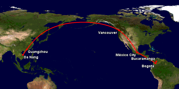 Bay từ Đà Nẵng đến Bucaramanga qua Quảng Châu, Vancouver, Mexico City, Bogotá