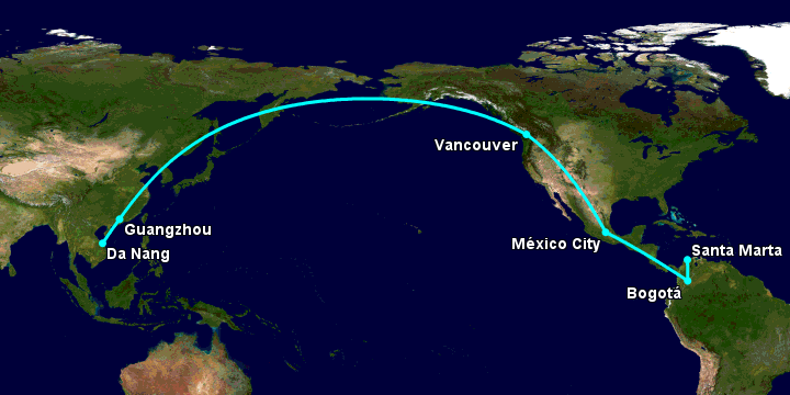 Bay từ Đà Nẵng đến Santa Marta qua Quảng Châu, Vancouver, Mexico City, Bogotá