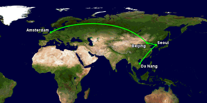 Bay từ Đà Nẵng đến Amsterdam qua Seoul, Bắc Kinh