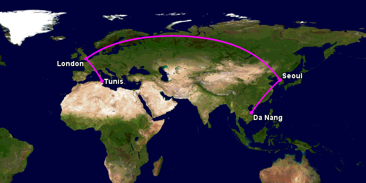 Bay từ Đà Nẵng đến Tunis qua Seoul, London