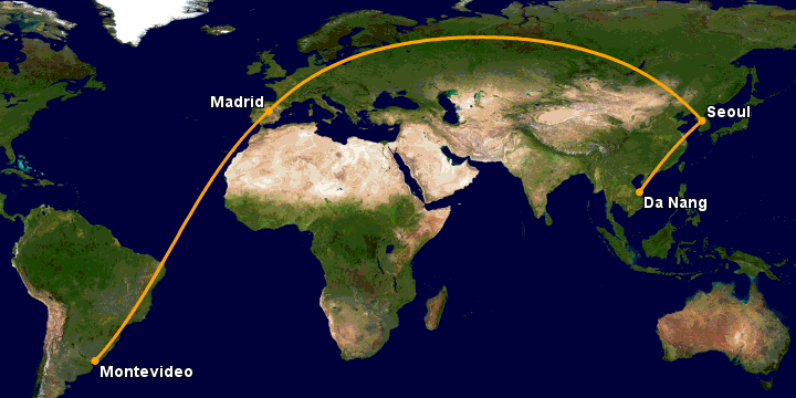 Bay từ Đà Nẵng đến Montevideo qua Seoul, Madrid