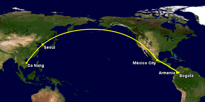 Bay từ Đà Nẵng đến Armenia qua Seoul, Mexico City, Bogotá