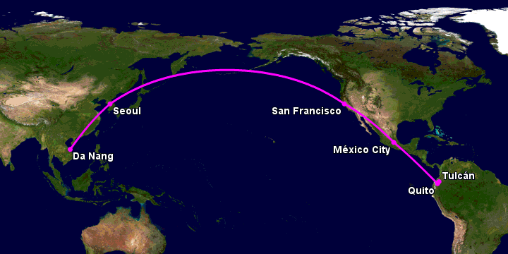 Bay từ Đà Nẵng đến Tulcan qua Seoul, San Francisco, Mexico City, Quito