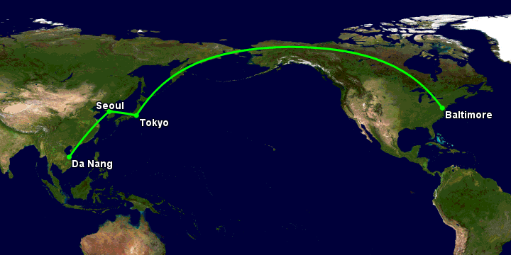 Bay từ Đà Nẵng đến Baltimore qua Seoul, Tokyo