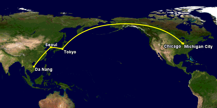 Bay từ Đà Nẵng đến Michigan City qua Seoul, Tokyo, Chicago