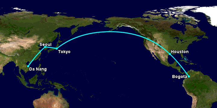 Bay từ Đà Nẵng đến Bogota qua Seoul, Tokyo, Houston