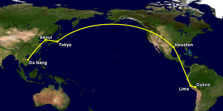 Bay từ Đà Nẵng đến Cuzco qua Seoul, Tokyo, Houston, Lima