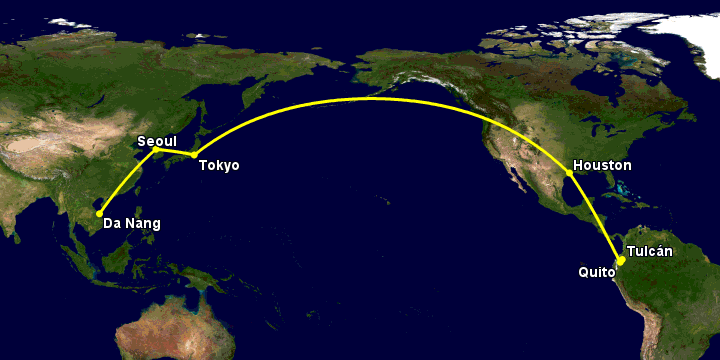 Bay từ Đà Nẵng đến Tulcan qua Seoul, Tokyo, Houston, Quito