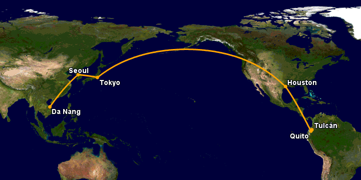 Bay từ Đà Nẵng đến Tulcan qua Seoul, Tokyo, Houston, Quito