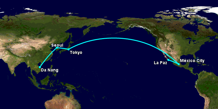 Bay từ Đà Nẵng đến La Paz qua Seoul, Tokyo, Mexico City