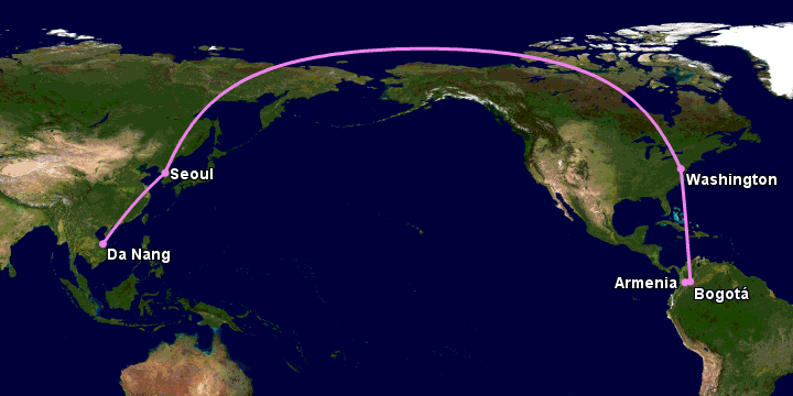 Bay từ Đà Nẵng đến Armenia qua Seoul, Washington DC, Bogotá