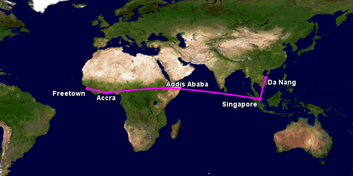 Bay từ Đà Nẵng đến Freetown Lungi qua Singapore, Addis Ababa, Accra