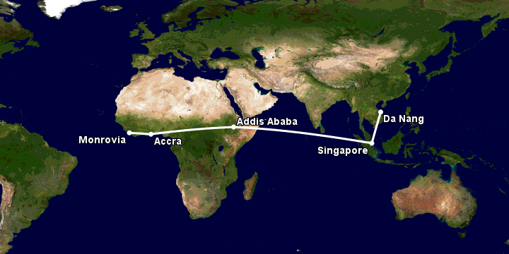 Bay từ Đà Nẵng đến Monrovia Rob qua Singapore, Addis Ababa, Accra
