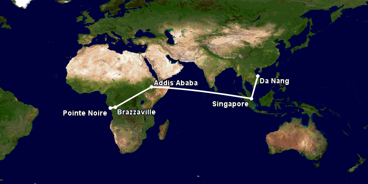 Bay từ Đà Nẵng đến Pointe Noire qua Singapore, Addis Ababa, Brazzaville