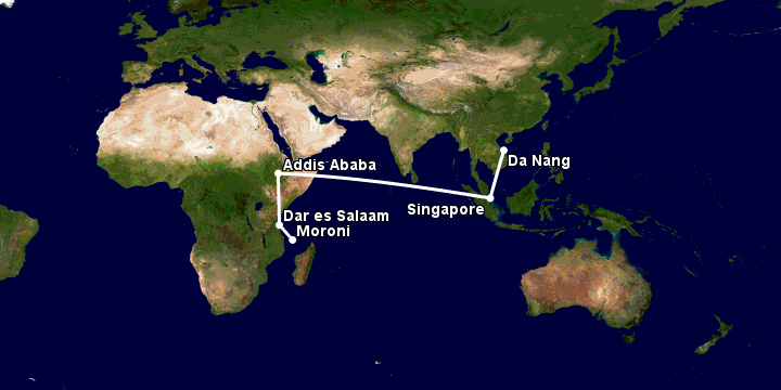 Bay từ Đà Nẵng đến Moroni Hahaya qua Singapore, Addis Ababa, Dar es Salaam