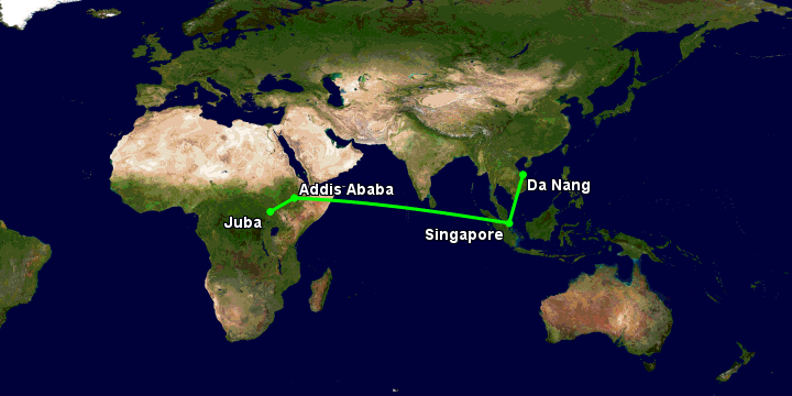 Bay từ Đà Nẵng đến Juba qua Singapore, Addis Ababa