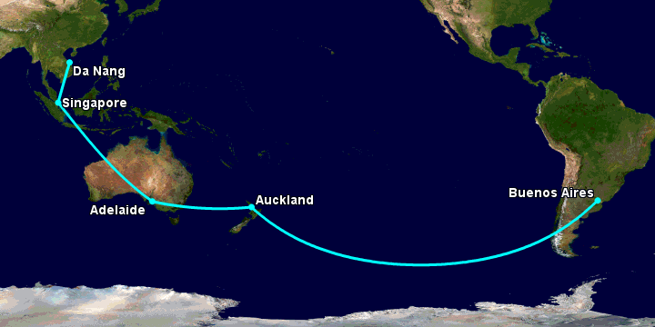 Bay từ Đà Nẵng đến Buenos Aires qua Singapore, Adelaide, Auckland
