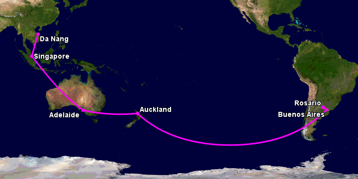 Bay từ Đà Nẵng đến Rosario qua Singapore, Adelaide, Auckland, Buenos Aires