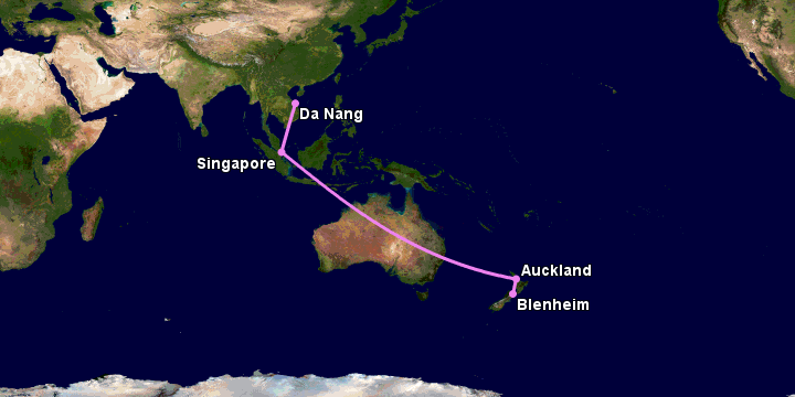 Bay từ Đà Nẵng đến Blenheim qua Singapore, Auckland