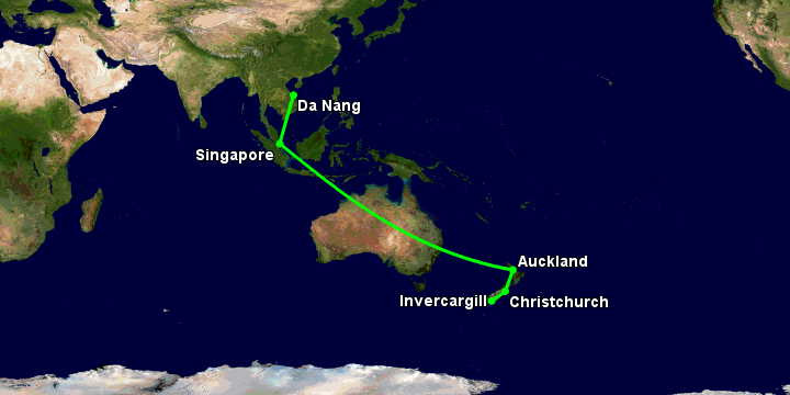 Bay từ Đà Nẵng đến Invercargill qua Singapore, Auckland, Christchurch