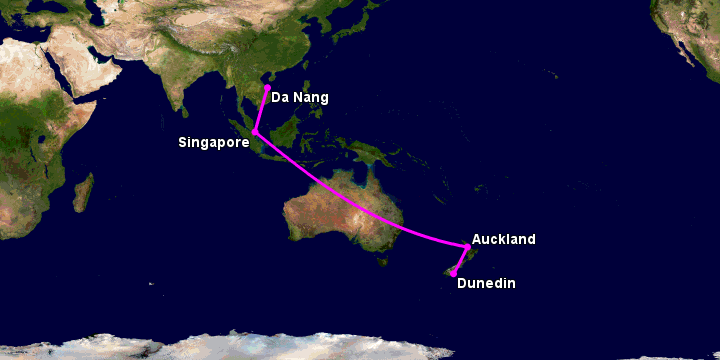 Bay từ Đà Nẵng đến Dunedin qua Singapore, Auckland