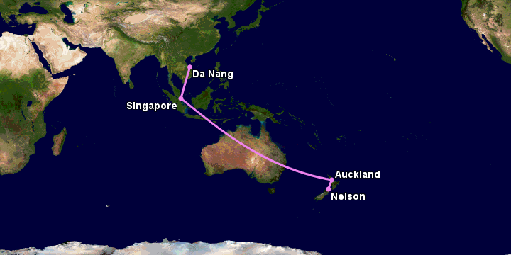 Bay từ Đà Nẵng đến Nelson qua Singapore, Auckland