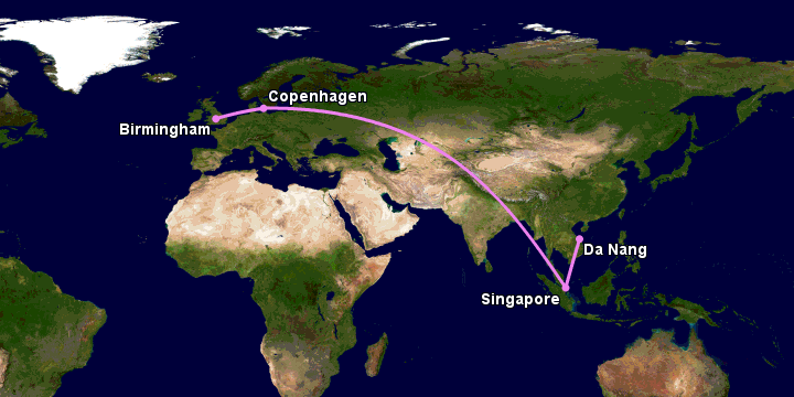 Bay từ Đà Nẵng đến Birmingham qua Singapore, Copenhagen