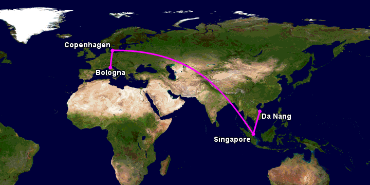 Bay từ Đà Nẵng đến Bologna qua Singapore, Copenhagen
