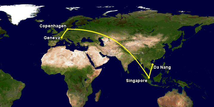 Bay từ Đà Nẵng đến Geneva qua Singapore, Copenhagen