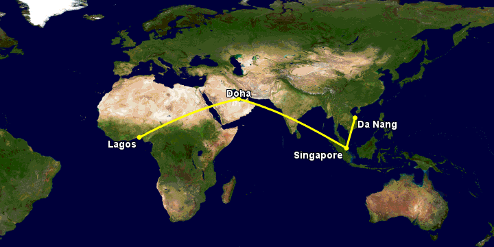 Bay từ Đà Nẵng đến Lagos qua Singapore, Doha