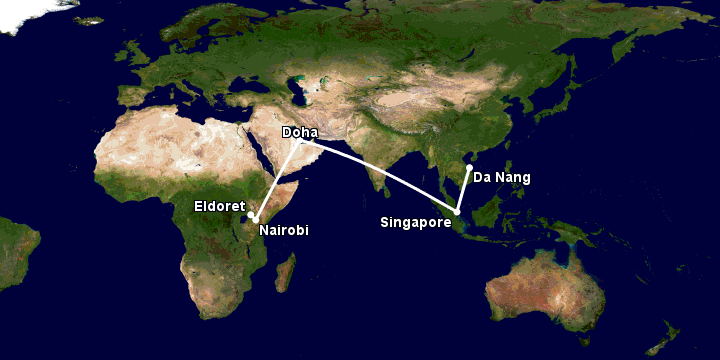 Bay từ Đà Nẵng đến Eldoret qua Singapore, Doha, Nairobi