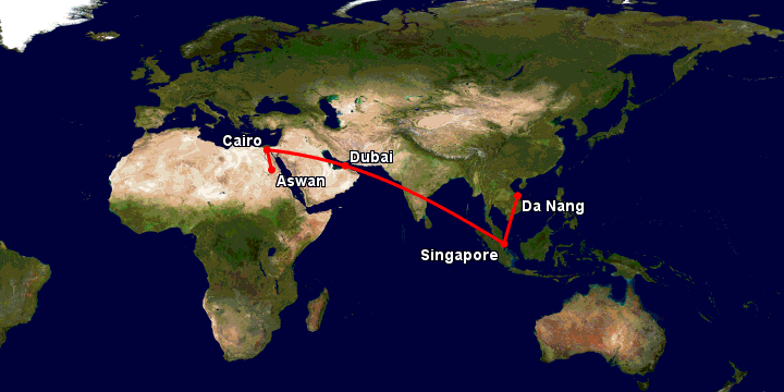 Bay từ Đà Nẵng đến Aswan qua Singapore, Dubai, Cairo