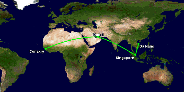 Bay từ Đà Nẵng đến Conakry qua Singapore, Dubai