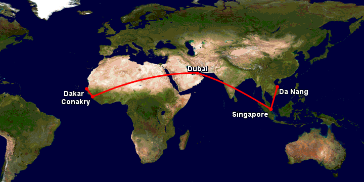 Bay từ Đà Nẵng đến Dakar qua Singapore, Dubai, Conakry