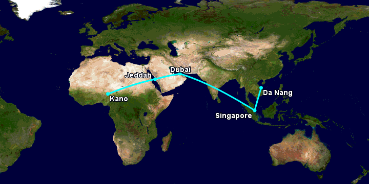 Bay từ Đà Nẵng đến Kano qua Singapore, Dubai, Jeddah