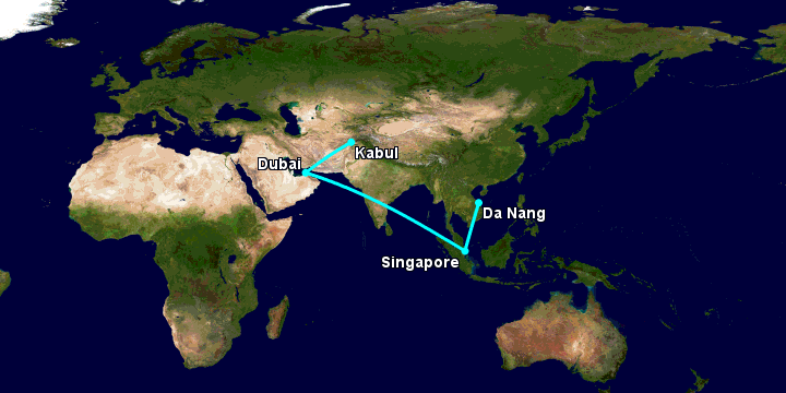Bay từ Đà Nẵng đến Kabul qua Singapore, Dubai